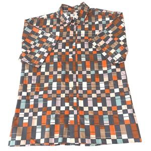 Mode Of One Mens Large Geometric Grid Short Sleeve Button Down Shirt Multicolor